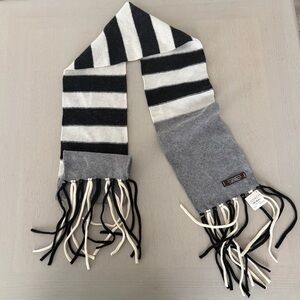 Coach Unisex Muffler Scarf Cream Gray Black Stripe Wool Long Fringe Logo Patch
